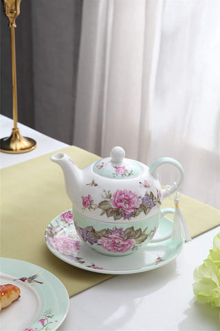 Tea for One Teapot Cup suacer Set Shaby Chic Flora Bird Rose Butterfly Porcelain Gift Box (Teal)