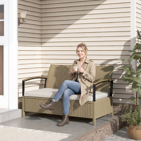 Outsunny 125L Garden Storage Bench, 2 Seater PE Rattan Outdoor Bench Storage Box with Padded Cushion, Khaki