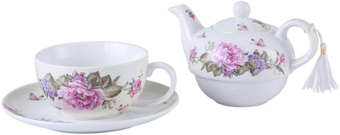 Tea for One Teapot Cup suacer Set Shaby Chic Flora Bird Rose Butterfly Porcelain Gift Box (Beige/Cream)
