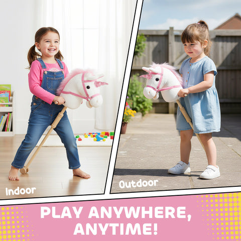 AIYAPLAY Unicorn Stick Horse with Wood Wheels, Real Pony Neighing and Galloping Sounds, Grip Handle, 95 cm, White
