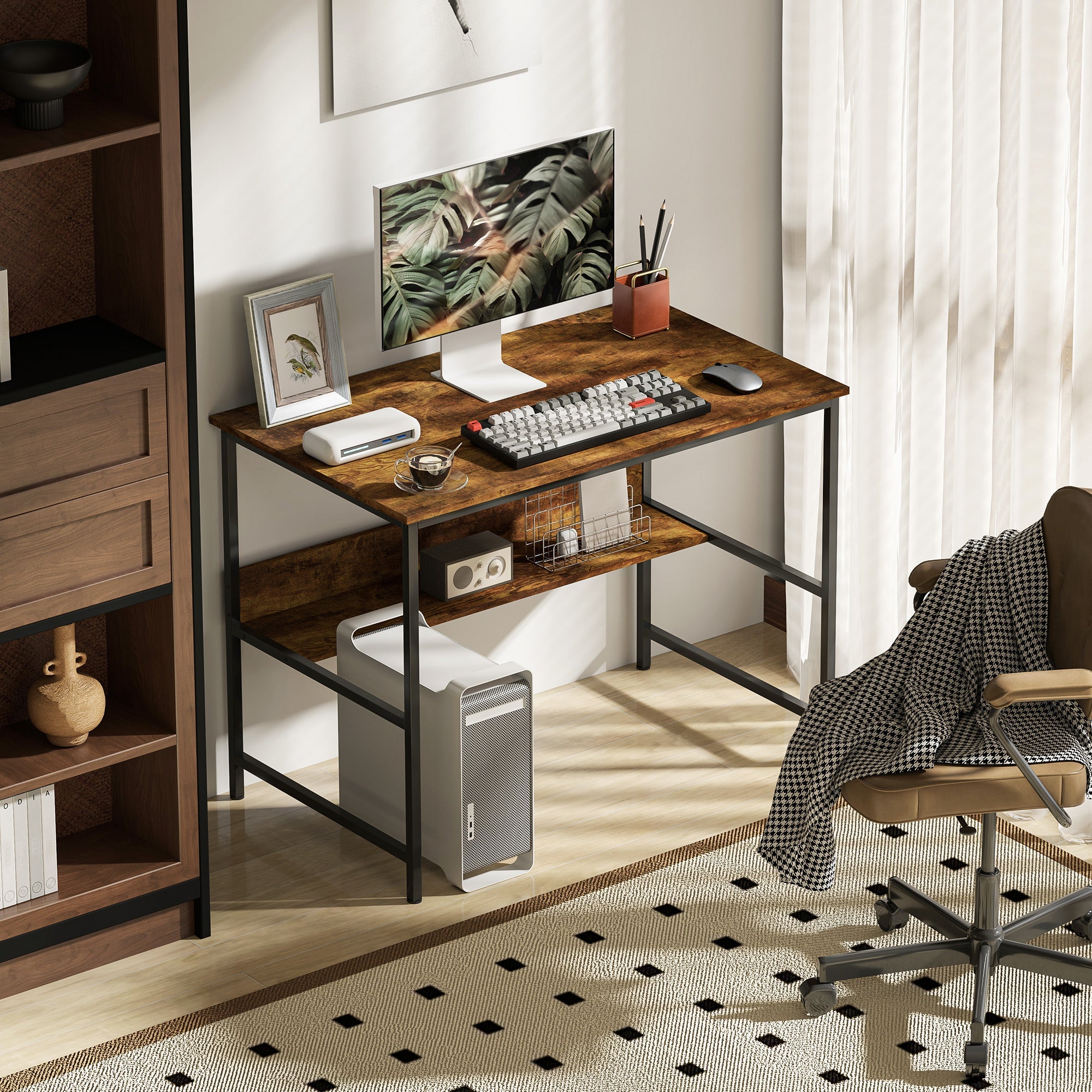 HOMCOM 2-Tier Computer Desk, 100 x 60 cm, Rustic Brown