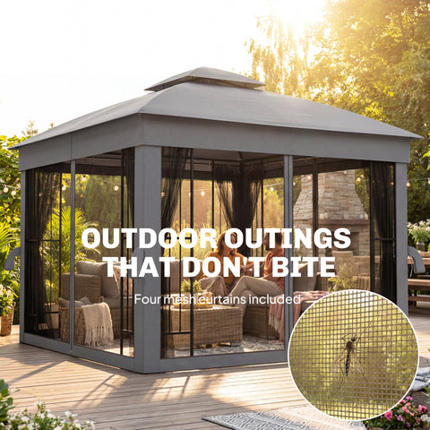 Outsunny 3 x 3 m Outdoor Garden Gazebo with Post Shelves, UPF50+ Double Roof Patio Permanent Pavilion, Grey