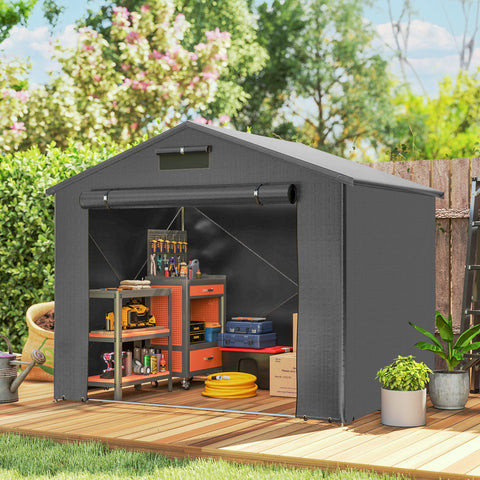 Outsunny 8 x 6 ft Outdoor Garden Storage Shed, Waterproof Bike Tent with Roll-Up Zipper Door, Dark Grey