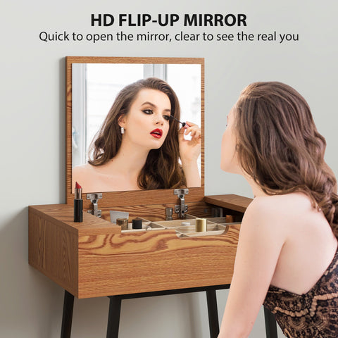 HOMCOM Vanity Desk with Flip-Up Mirror, Industrial Dressing Table with 16 Small Compartments for Bedroom, Natural Wood Effect
