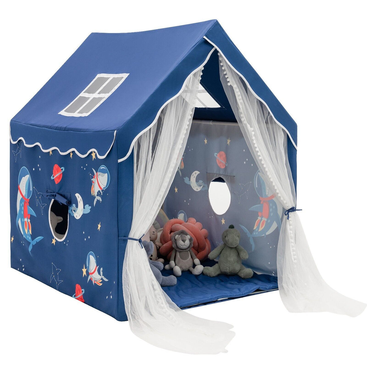 Kids Play Tent with Washable Mat and Windows-Blue