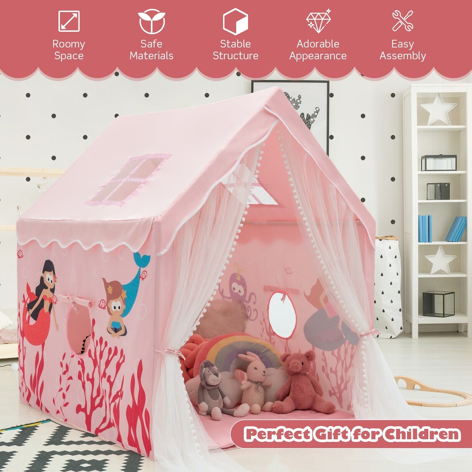 Kids Play Tent with Washable Mat and Windows-Blue