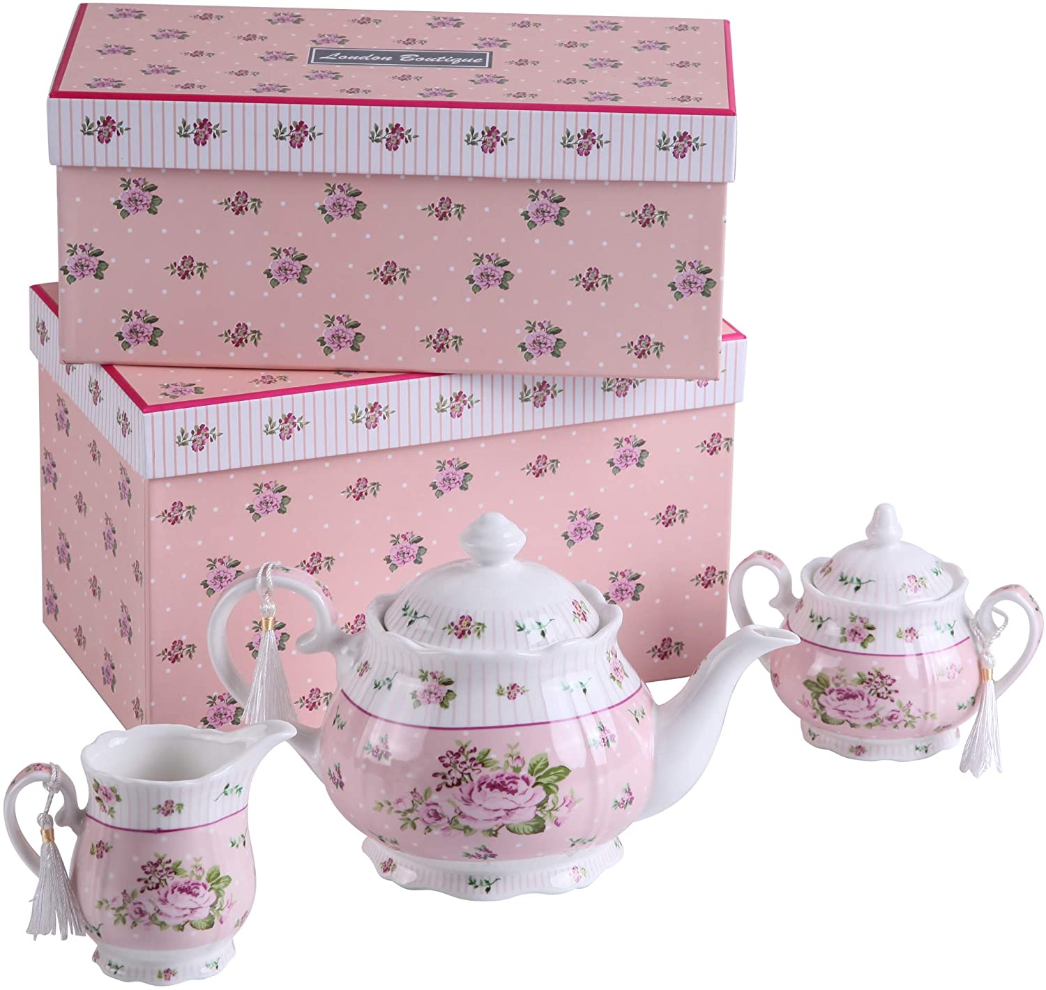 Christmas New Year Family Party Set Special 3 Tier Cake Stand Teapot Milk Jug 4 Cups 4 Saucers (Pink Rose)
