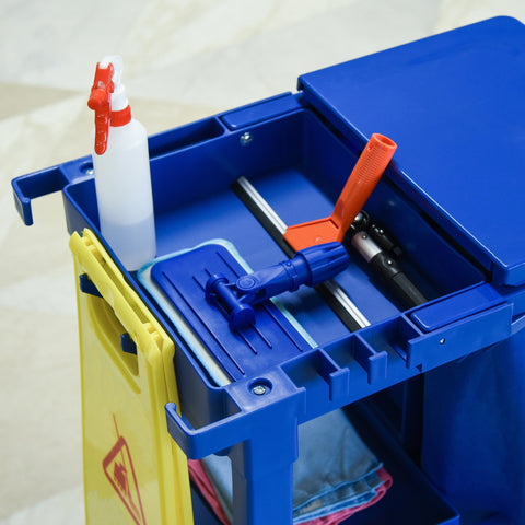 HOMCOM Janitor Cleaning Trolley, with Bin, Shelves and Hooks - Blue
