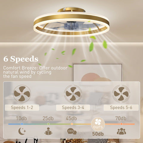 HOMCOM Ceiling Fan with Light and Remote, LED Mount Ceiling Fan with 3 Colour Temperatures, 6 Speed, 50 cm, Gold Tone