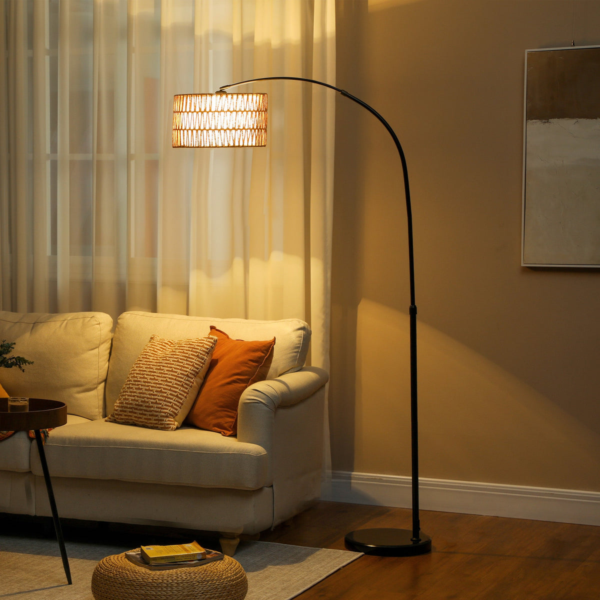 HOMCOM Rattan Floor Lamp for Living Room, Farmhouse Arc Standing Lamp with Dual-Layer Shade & Foot Switch, Height Adjustable Minimalist Tall Pole Lampshade for Bedroom, Office, Black