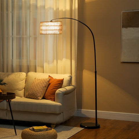 HOMCOM Rattan Floor Lamp for Living Room, Farmhouse Arc Standing Lamp with Dual-Layer Shade & Foot Switch, Height Adjustable Minimalist Tall Pole Lampshade for Bedroom, Office, Black