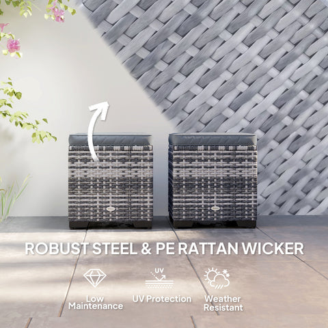 Outsunny Set of 2 Rattan Storage Ottoman, Outdoor Footstool with Removable Cushions, Garden Storage Seat for Balcony, Poolside, Living Room, Dark Grey
