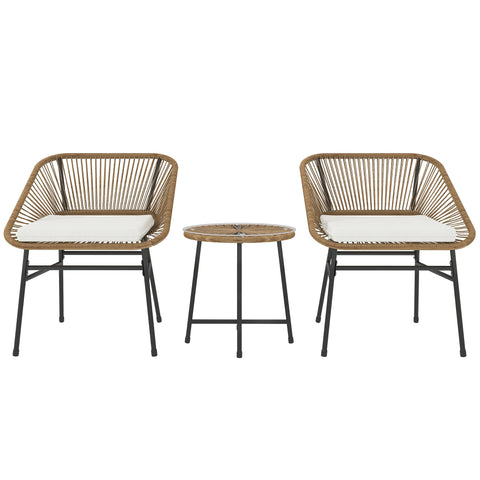 Outsunny 3 Pieces Rattan Bistro Set, Wicker Small Garden Table and Chairs Set with Cushions and Glass Top Coffee Table, Bistro Garden Furniture Set for Outdoor, Patio, Balcony, Natural