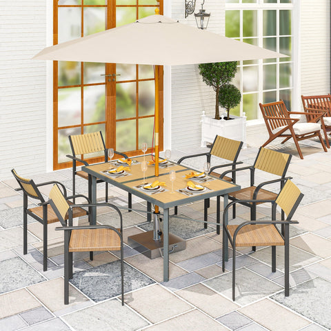 Outsunny Garden Table for 6, Outdoor Dining Table with 5cm Umbrella Hole, Wood Effect Top, Rust Resistant Frame, for Patio, Balcony, Terrace, 150 x 90 cm