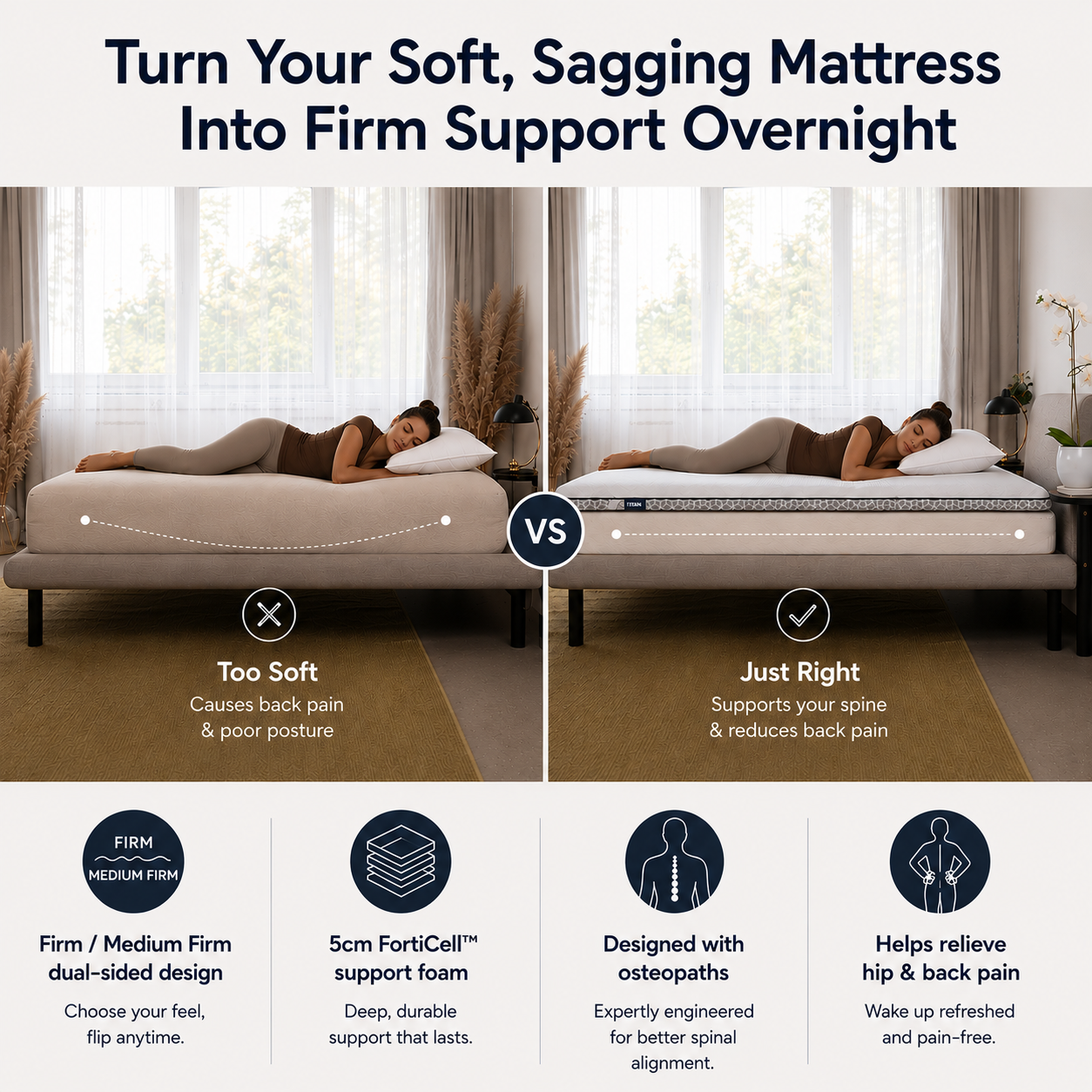 Brightr® Titan Deluxe Mattress Topper | Extra Firm & Firm| 8 cm Reversible | Designed for Soft & Sagging Mattresses