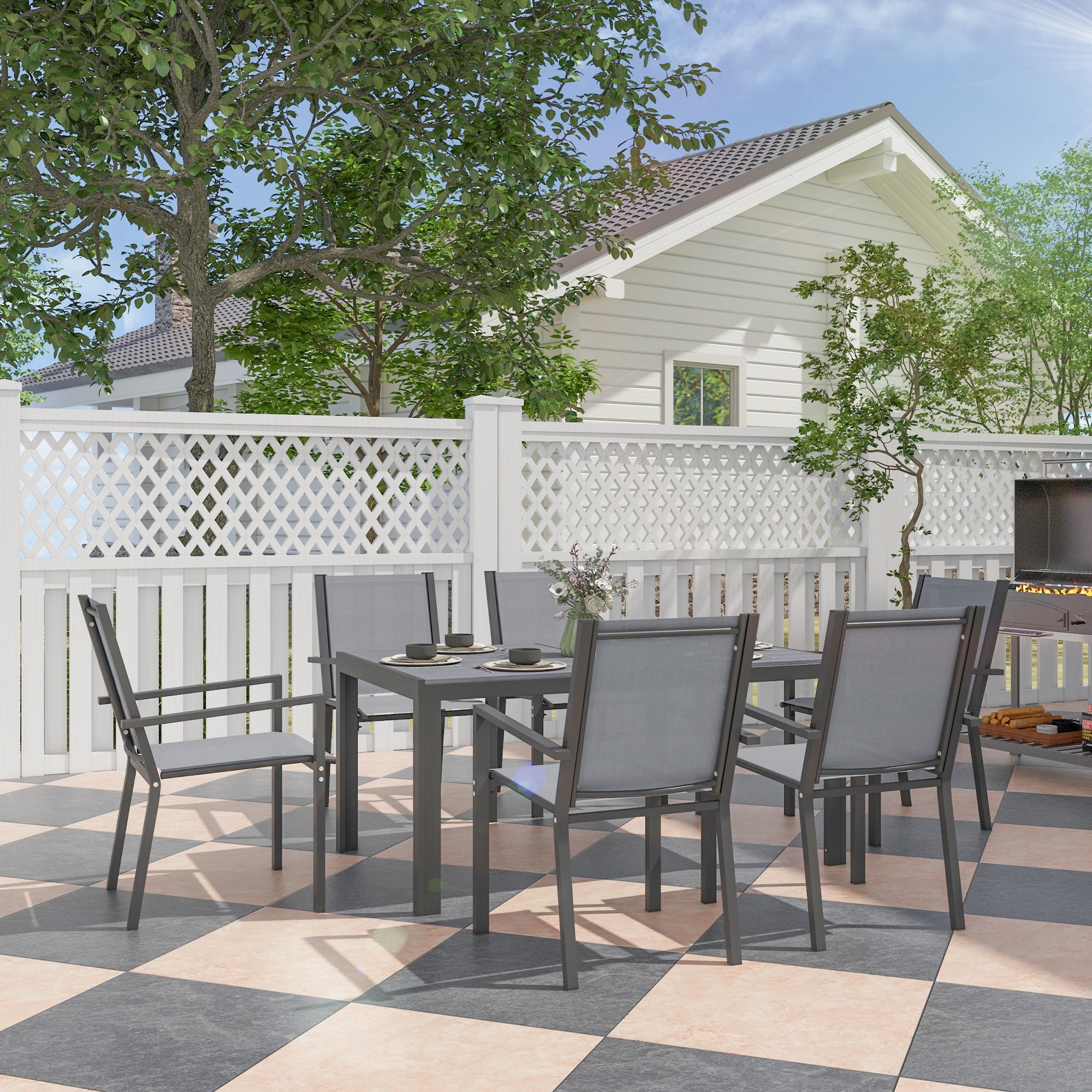 Outsunny Seven-Piece Garden Dining Set, with Plastic Wood-Top Table - Grey