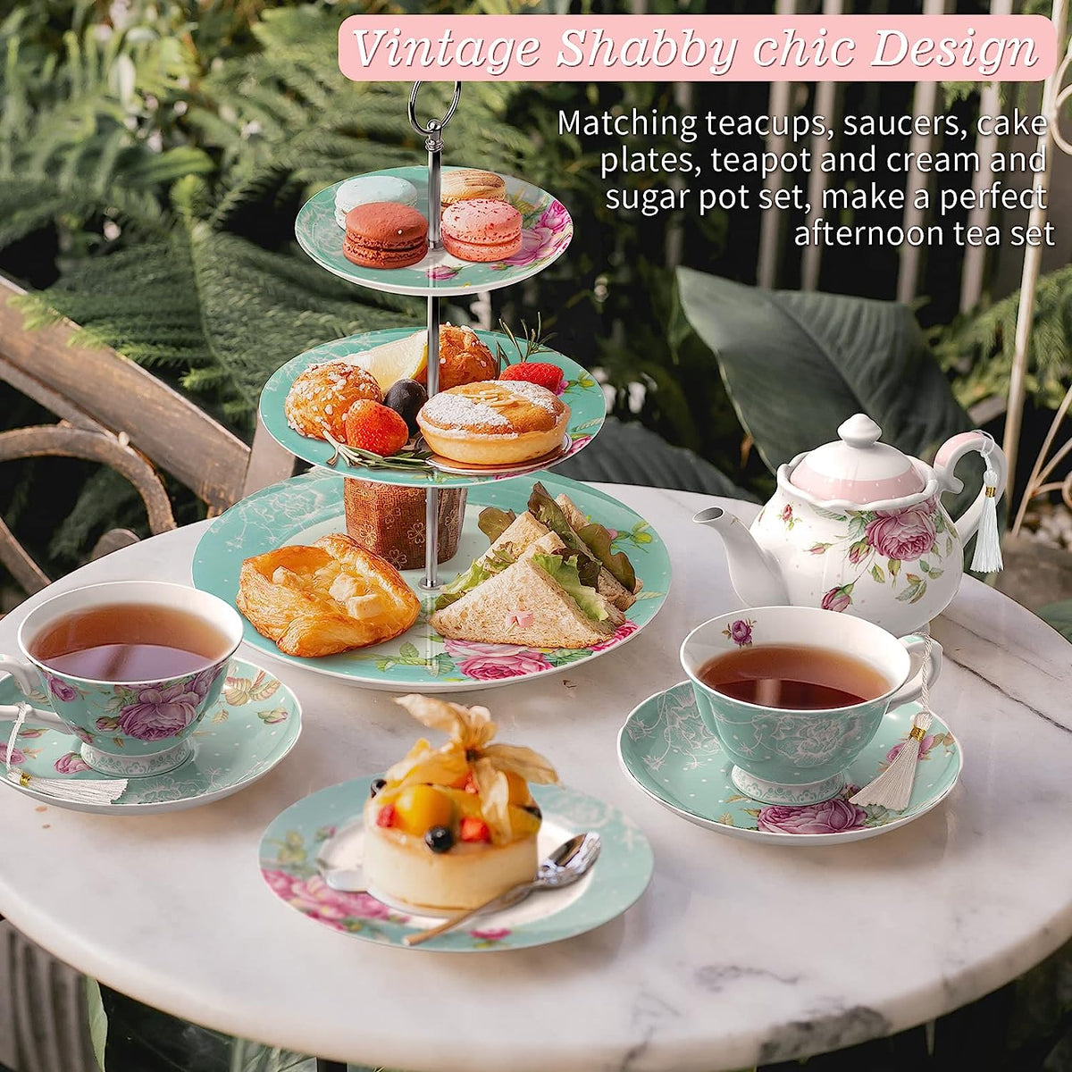 Mothers Day CoronationFamily Party Set Special 3 Tier Cake Stand 4 Plates 2 Cups 2 Saucers (Turquoise)