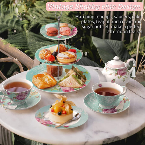 Mothers Day CoronationFamily Party Set Special 3 Tier Cake Stand 4 Plates 2 Cups 2 Saucers (Turquoise)