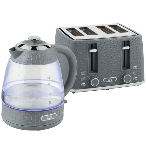 HOMCOM Kettle and Toaster Set, 1.7L 3000W Rapid Kettle with Strix Thermostat, 4 Slice Toaster with 7 Browning Controls, Grey