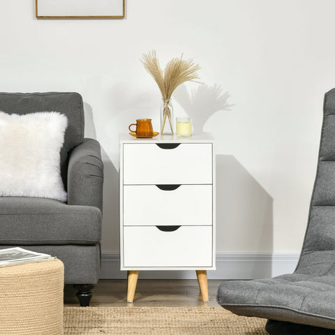 HOMCOM Bedside Table, Bedside Cabinet with 3 Drawers, Small Side Table with Wood Legs and Cut-out Handles for Bedroom, White