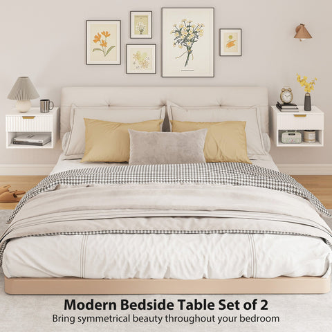HOMCOM Floating Nightstands Set of 2, Modern Wall Mounted Bedside Tables with Fluted Drawer and Open Shelf for Bedroom, White
