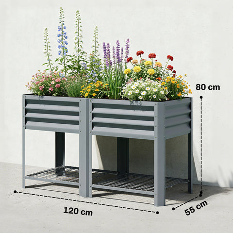 Outsunny Raised Garden Bed with Storage Shelf Steel Elevated Planter Box with Legs for Outdoor Vegetables Flowers