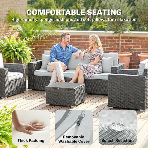 Outsunny 5 Seater Rattan Garden Furniture Set with Wide Armrests, Cushions, Pillows for Patio, Dark Grey