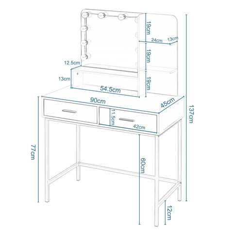 White Dressing Table with 10 LED Bulbs Mirror 2 Large Drawers Dresser Vanity Modern Cosmetic Table for Bedroom Household