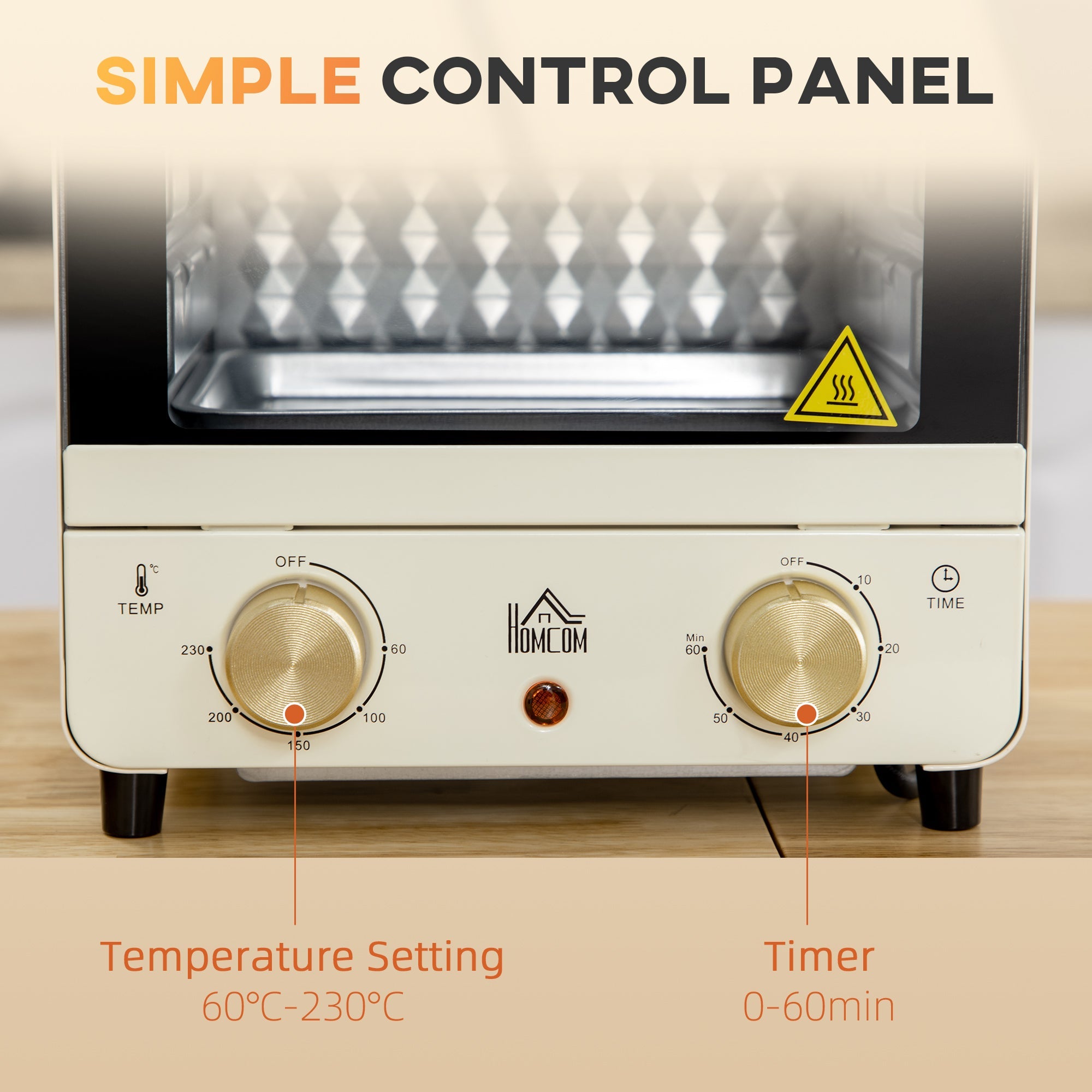 HOMCOM Mini Oven, 15 Litres Electric Oven and Grill with 60-230\'e2\'84\'83 Adjustable Temperature, 60 Minute Timer, Include Baking Tray, Wire Rack and Crumb Tray, 1000W, Cream White