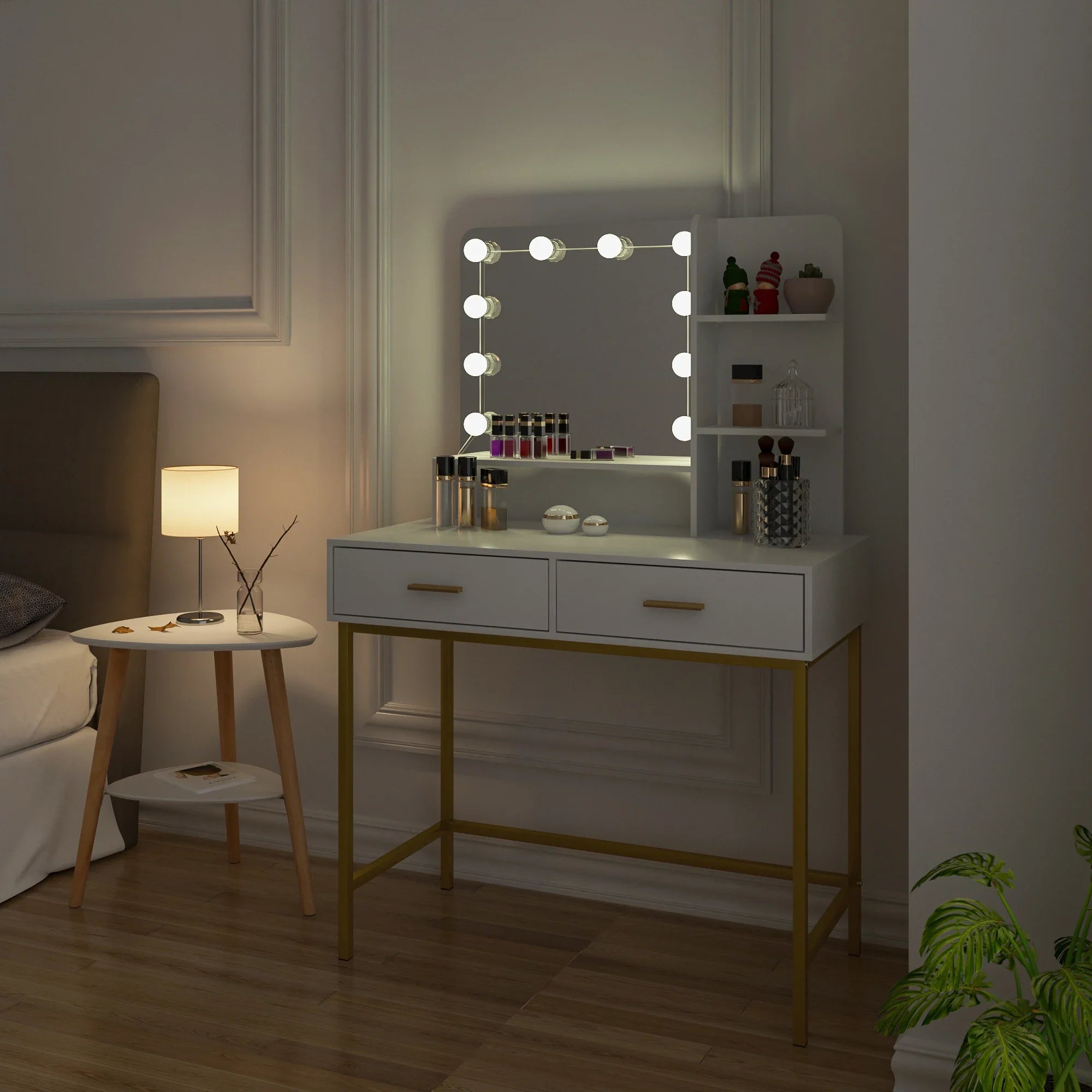 White Dressing Table with 10 LED Bulbs Mirror 2 Large Drawers Dresser Vanity Modern Cosmetic Table for Bedroom Household