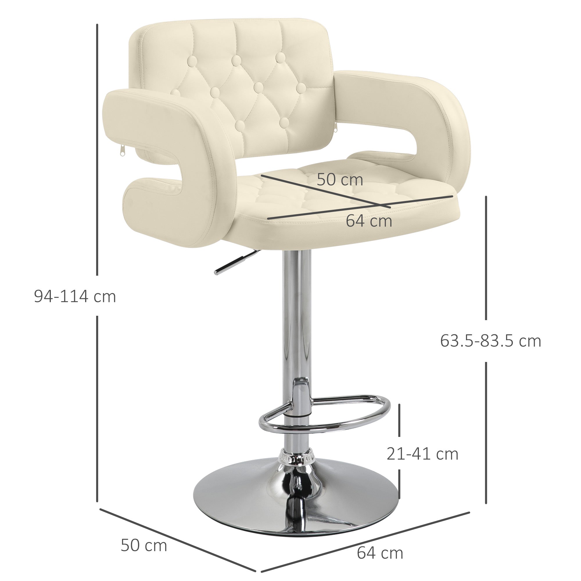 Upholstered Swivel Bar Stool, Set of 2 Height Adjustable Barstool with Back, Armrest, Footrest for Kitchen, White