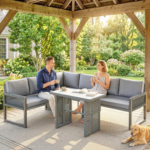 Outsunny 6 Seater Rattan Garden Furniture Set with 3 Loveseats, Table, Patio Rattan Furniture Corner Sofa Set, Grey