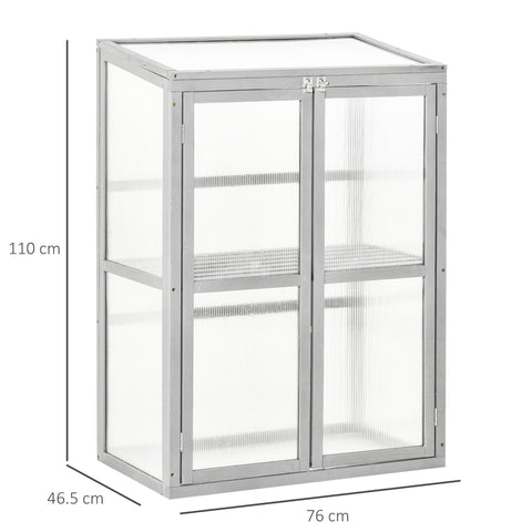 Outsunny Wooden Cold Frame Greenhouse Polycarbonate Garden Grow House for Flower Vegetable Plants with Adjustable Shelf, Double Doors, 76 x 47 x 110cm, Light Grey