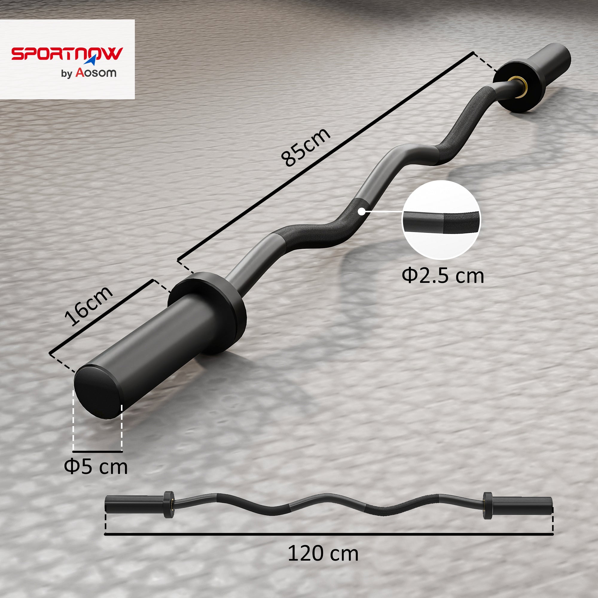 SPORTNOW 4ft Olympic EZ Curl Bar, Barbell Bar for 2" Weight Plates with Non-Slip Hand Grip 120cm