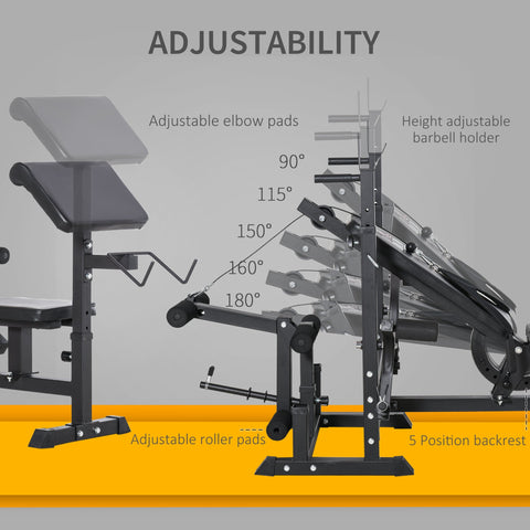 HOMCOM Weight Bench with Adjustable Barbell Rack, Leg Extension, Preacher Curl Pad and 20kg Barbell Set