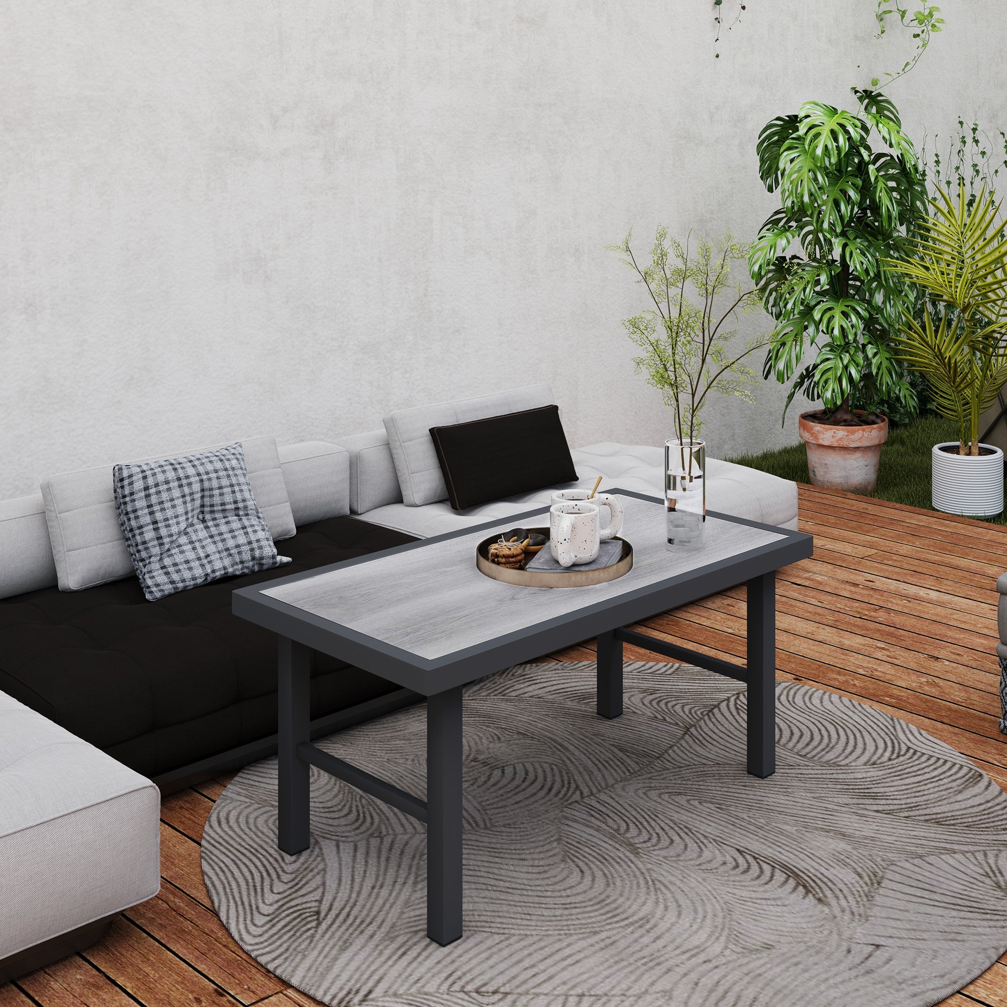 Outsunny Metal Garden Coffee Table, Outdoor Side Table with SPC Woodgrain Tabletop for Outside, Garden, Balcony, Porch, 100 x 53 x 46cm, Grey Wood Effect