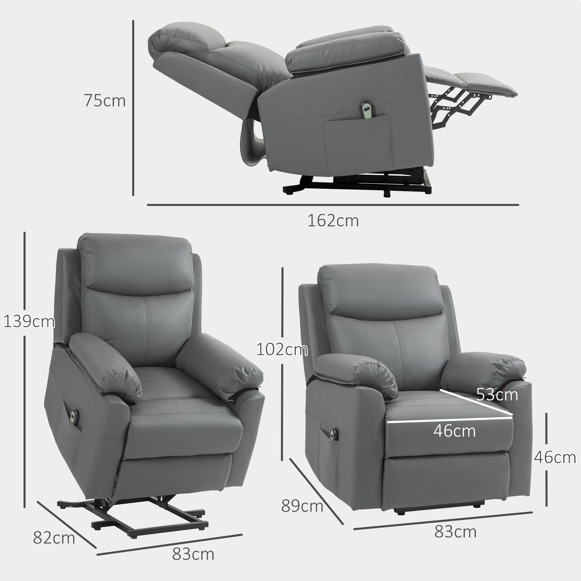 HOMCOM Faux Leather 70\'c2\'b0 Electric Riser Recliner Chair, Charcoal Grey