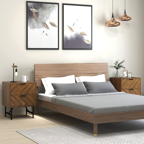HOMCOM Bedside Table Set of 2 with 2 Drawers, Modern Side Tables with Herringbone Pattern and Metal Legs for Bedroom, Living Room, Walnut Brown