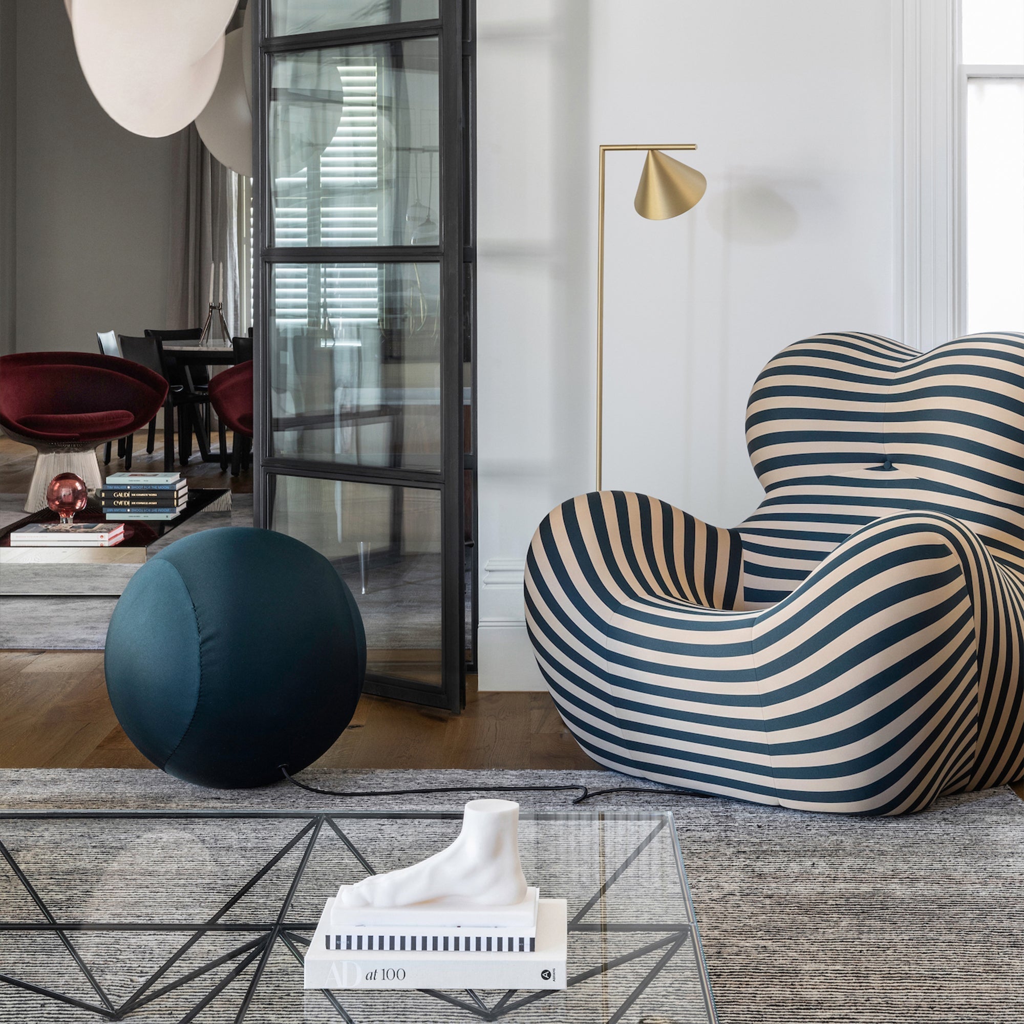 Dundee Lounge Armchair With A Ball Stool, Red/Blue