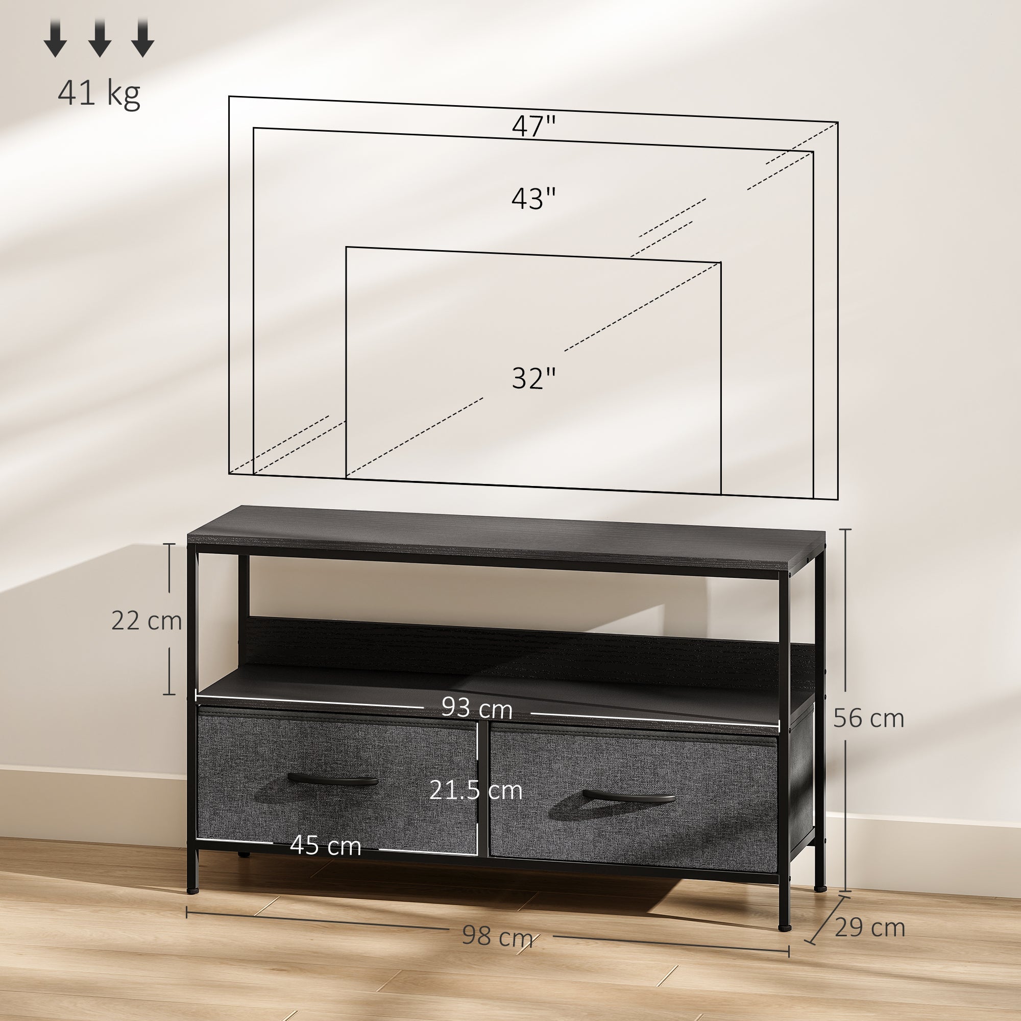 HOMCOM TV Stand Cabinet with 2 Foldable Drawers - Black