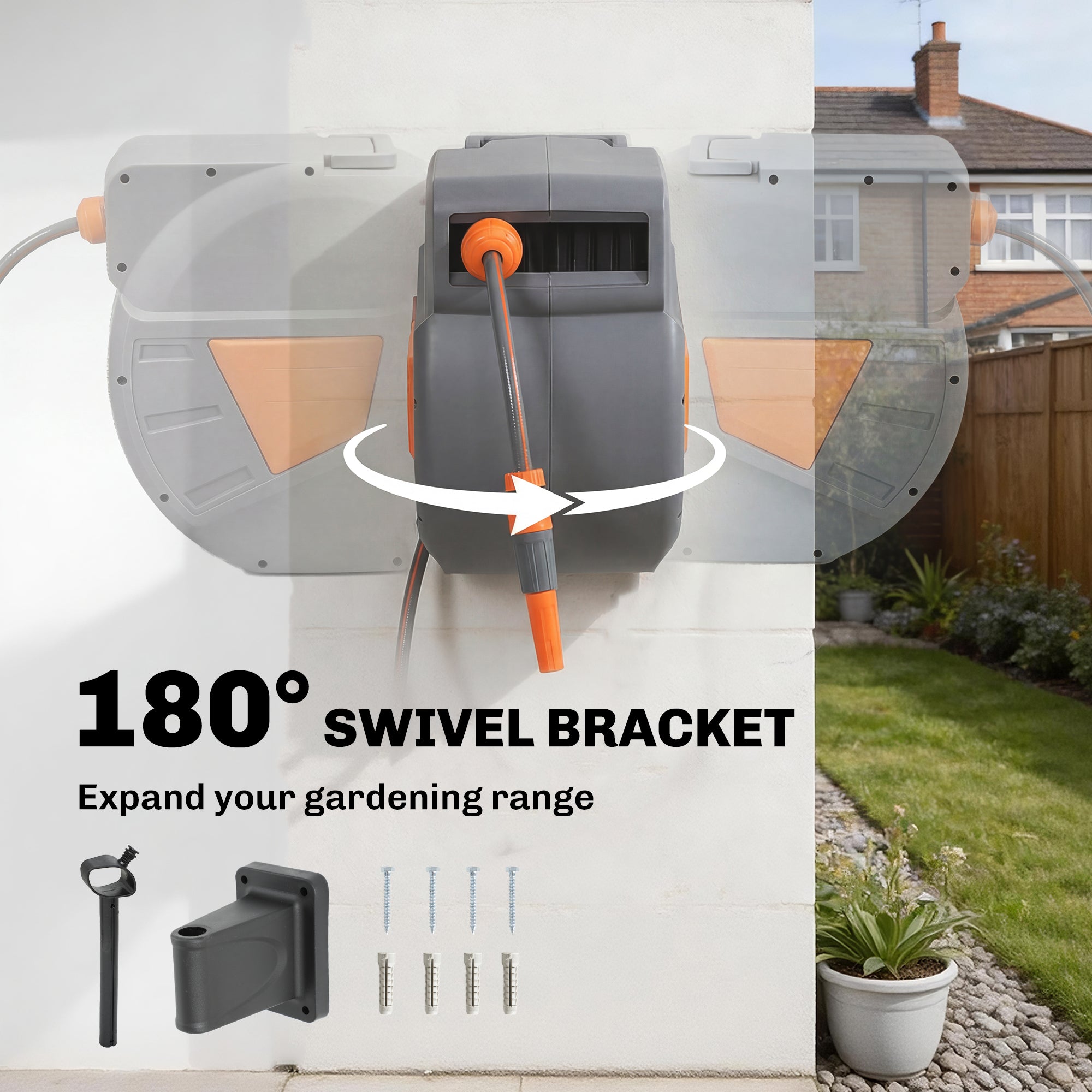 Outsunny Retractable Hose Reel Wall Mounted, 30+2m Garden Hose Pipe Reel with Auto Retraction, Self-Locking, Orange