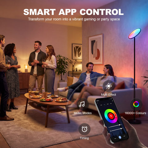 HOMCOM Uplighter Floor Lamp with Tuya App and Music Sync, Standing Lamp with Adjustable Head for Living Room Bedroom, Black