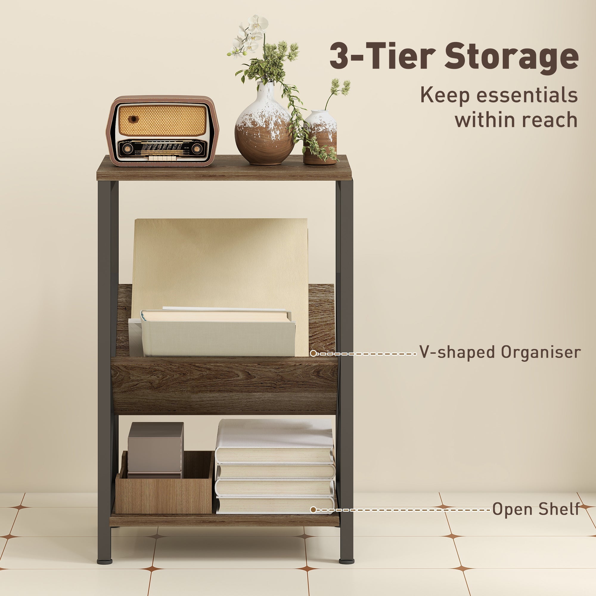 HOMCOM Narrow Side Table, End Table with 3-Tier Storage, V-Shaped Magazine Holder for Living Room, Bedroom, 40 x 30 x 61cm, Oak