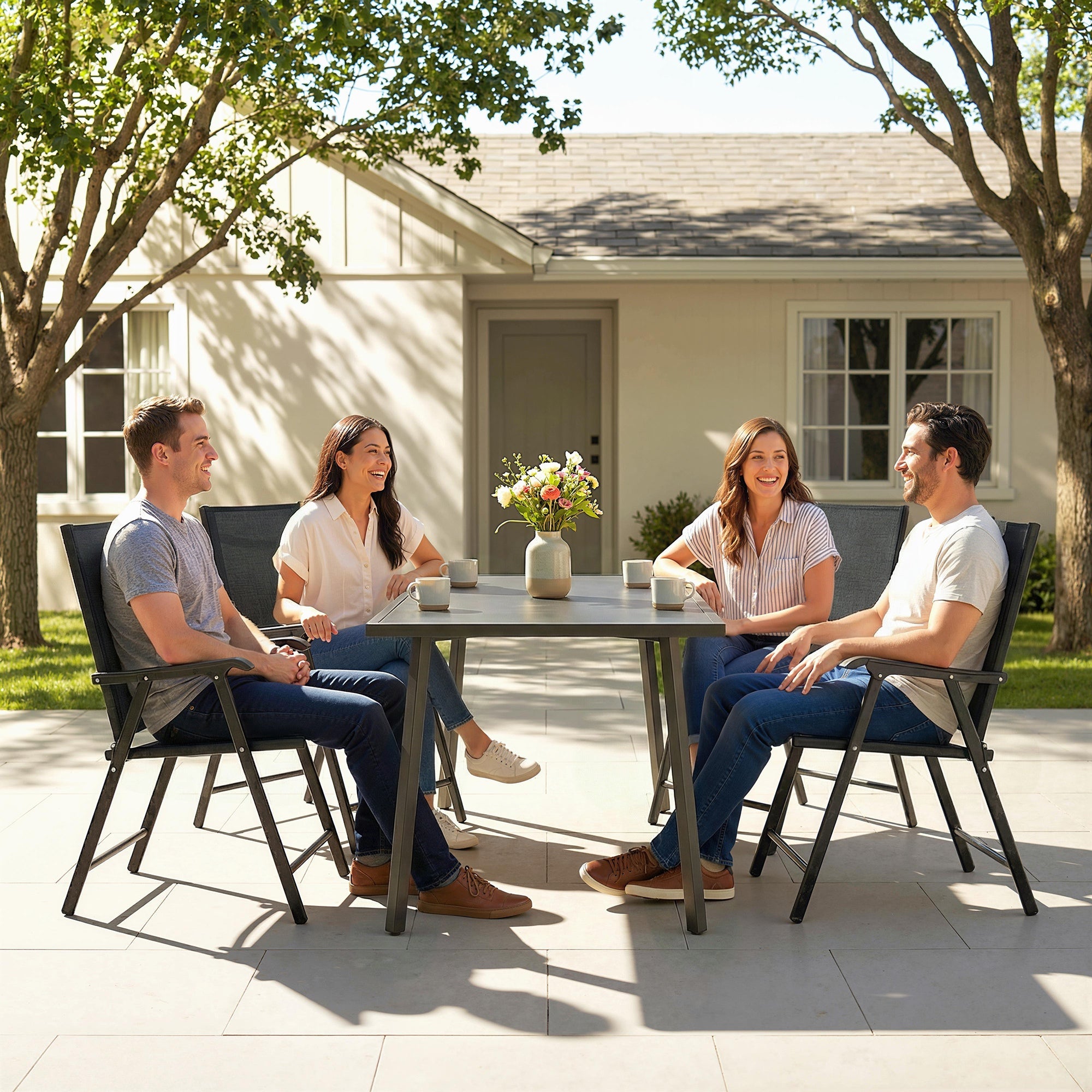 Outsunny Folding Garden Chairs Set of 4, Foldable Garden Dining Chairs with High Back, Armrests, Texteline Seat, Black