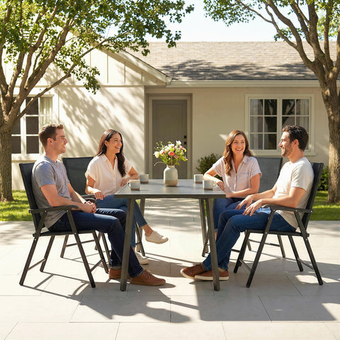 Outsunny Folding Garden Chairs Set of 4, Foldable Garden Dining Chairs with High Back, Armrests, Texteline Seat, Black