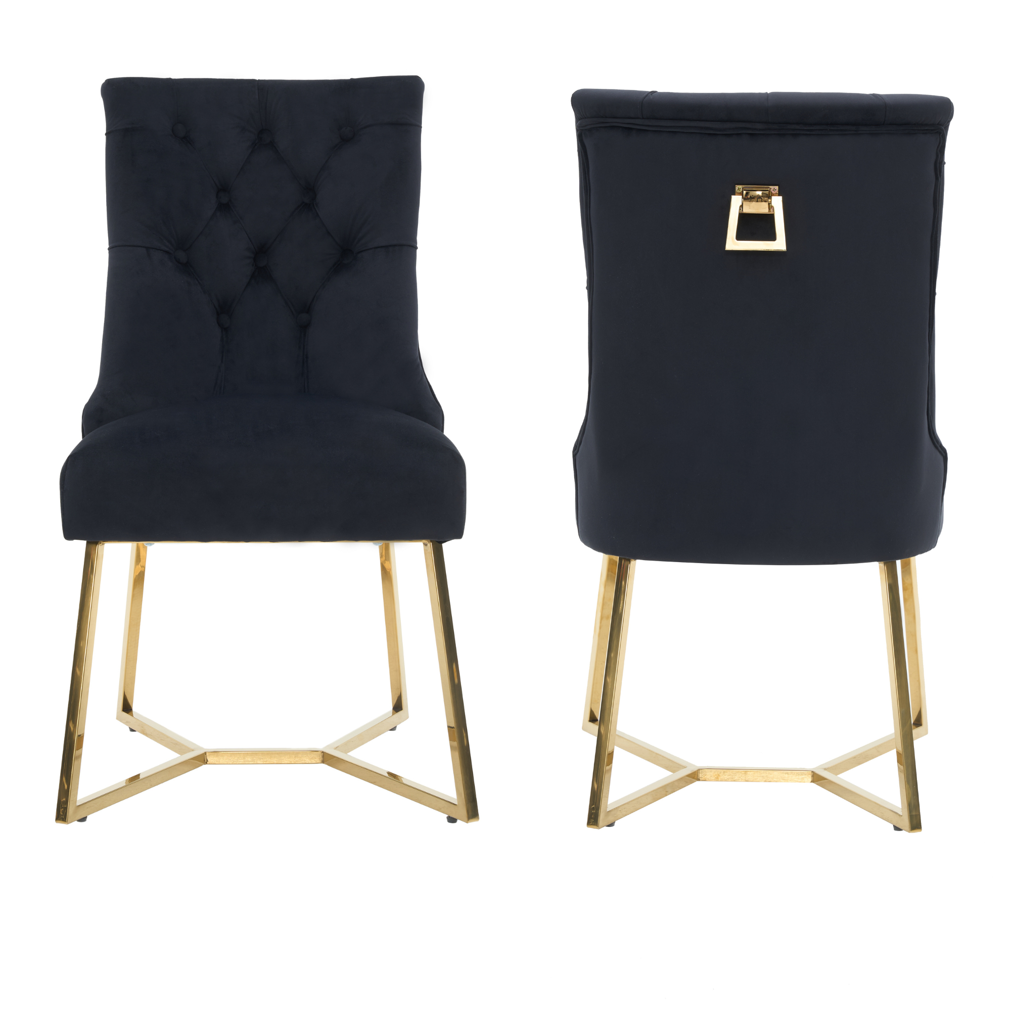 Ambra Velvet Dining Chair – Tufted Luxury Accent with Gold Legs & Ring Pull