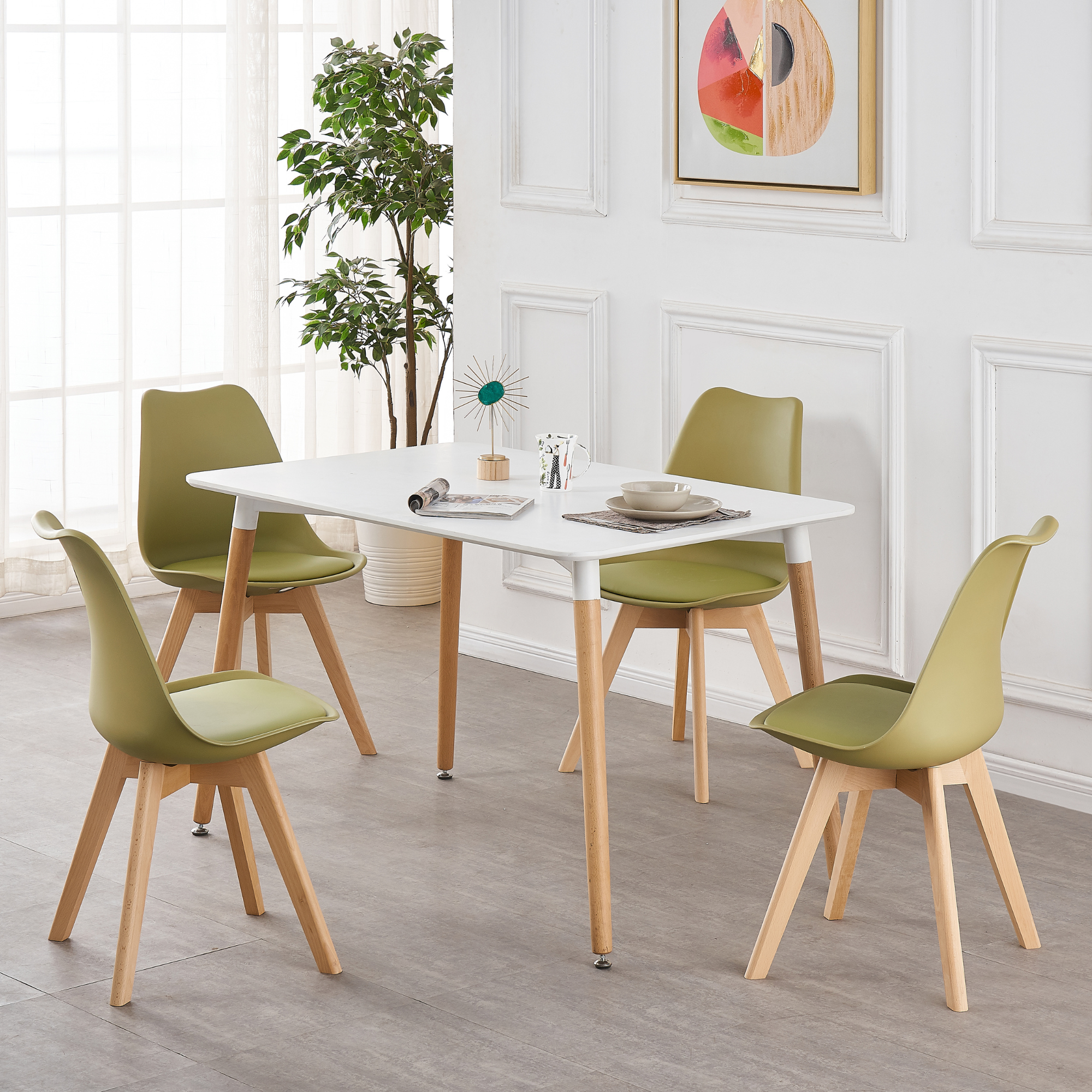 White Halo Dining Table & Set of 4 Lorenzo Jamie Tulip Dining Chairs with Padded Seat