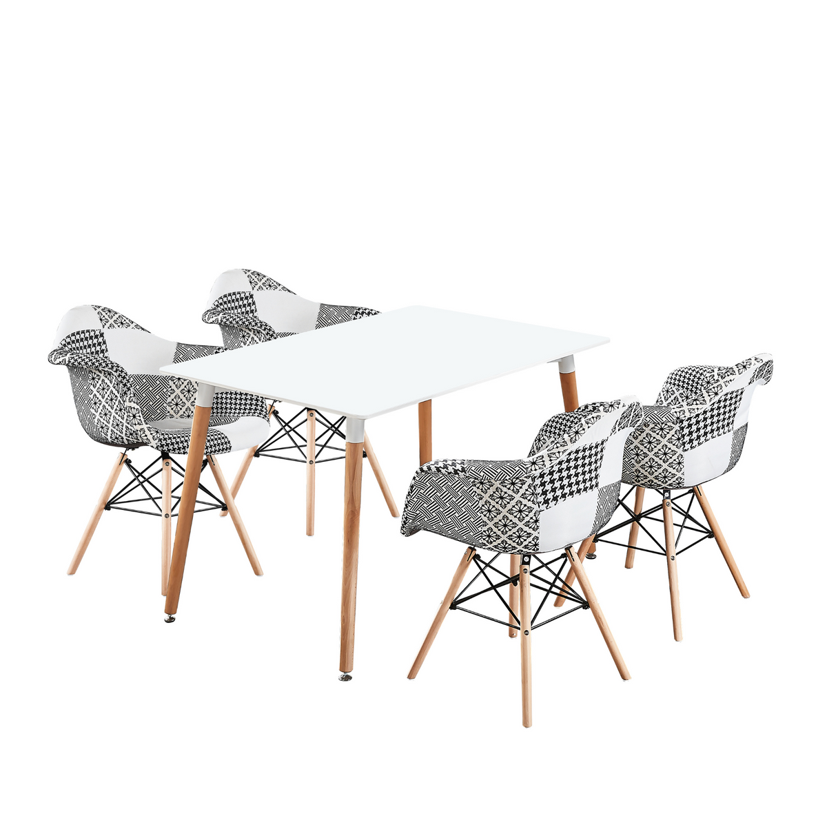 5-Piece Halo Dining Set - White Table & 4 Black/White Patchwork Armchairs