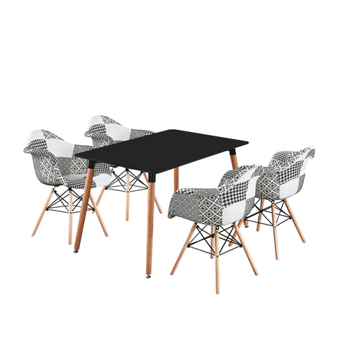 5-Piece Halo Dining Set - Black Table & 4 Black/White Patchwork Armchairs