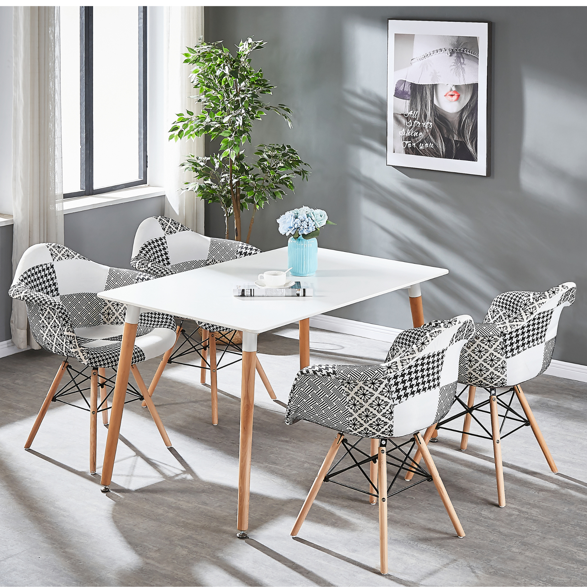 5-Piece Halo Dining Set - White Table & 4 Black/White Patchwork Armchairs